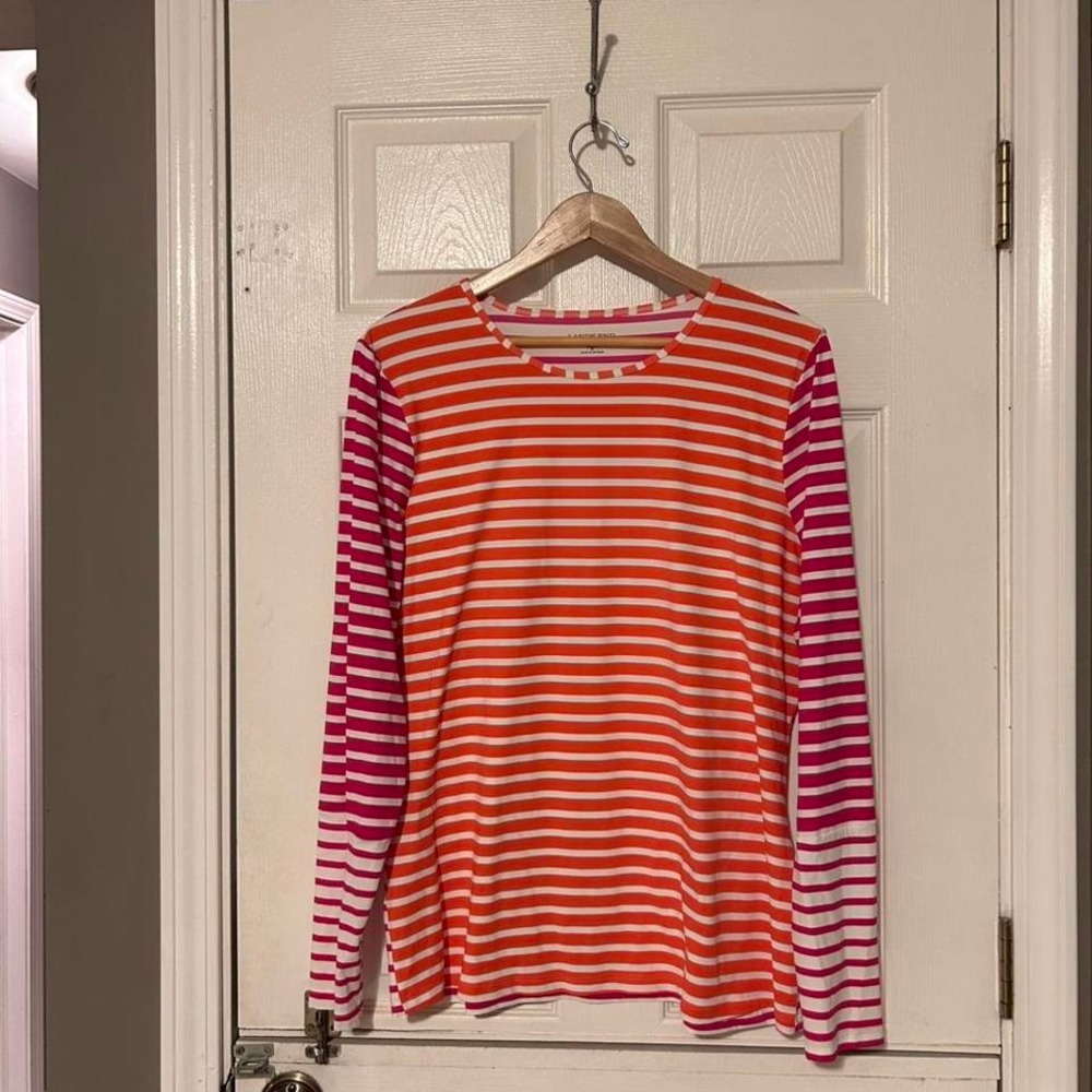 Land's End Women's  Pink And Orange Striped Spandex Long‎ Sleeve Shirt Size XL